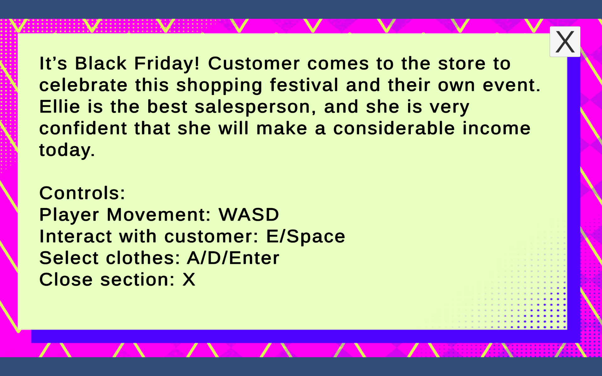 Black Friday how to play screen with story setup and control instructions