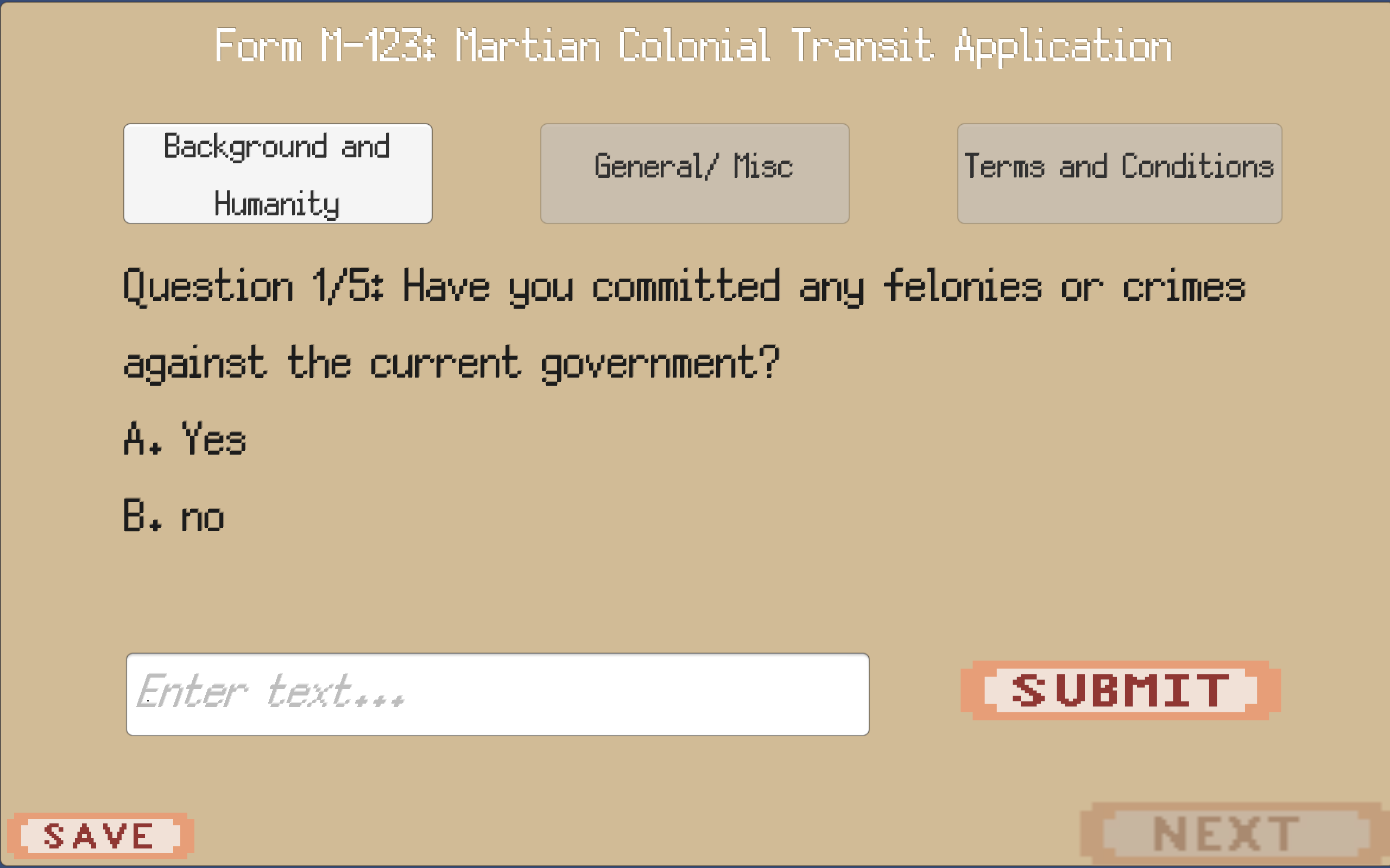 Paperworkx Martian Colonial Transit Application with a multiple choice immigration question