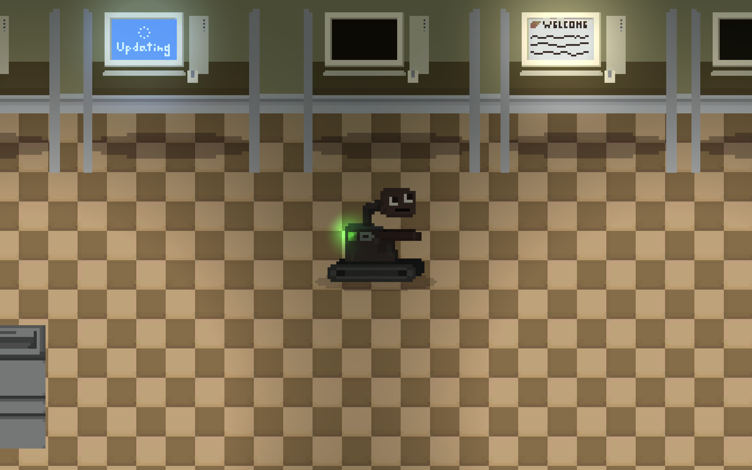 Paperworkx office scene with the robot character moving between computer terminals