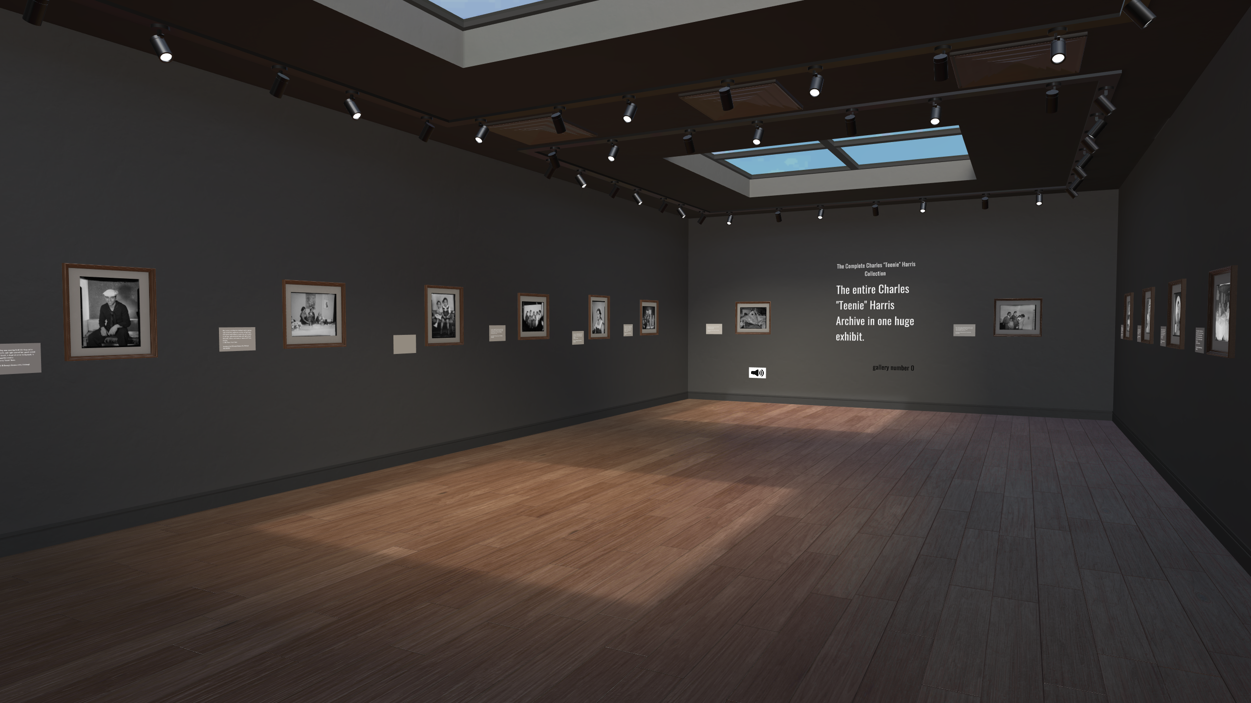 A dark virtual museum gallery with framed archival photographs on the walls
