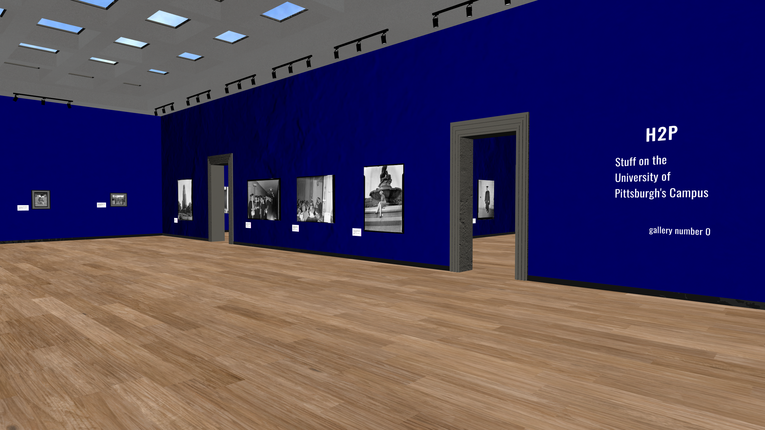 A bright virtual museum gallery with benches and large archival portraits