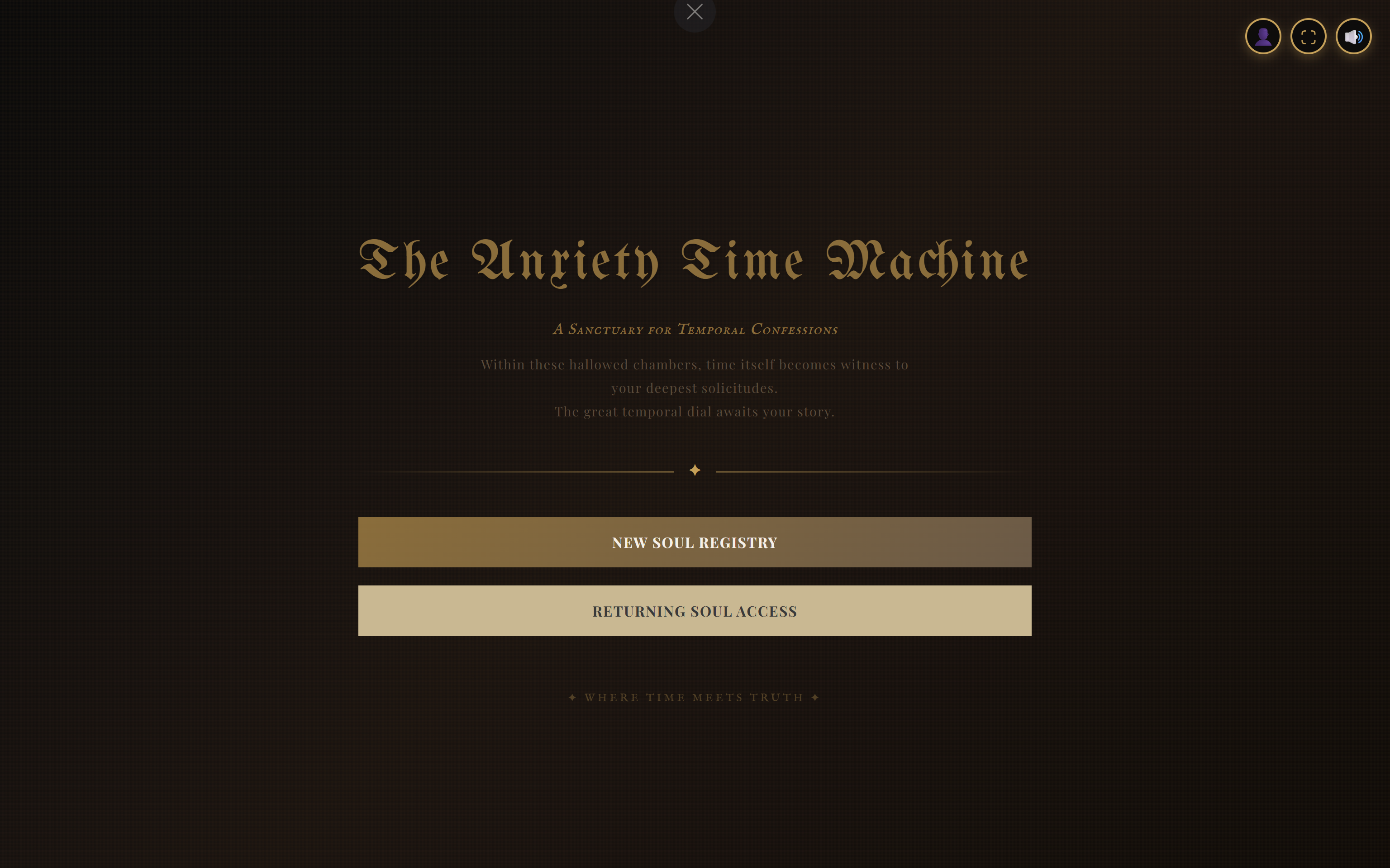 Gilded landing screen titled The Anxiety Time Machine, a sanctuary for temporal confessions