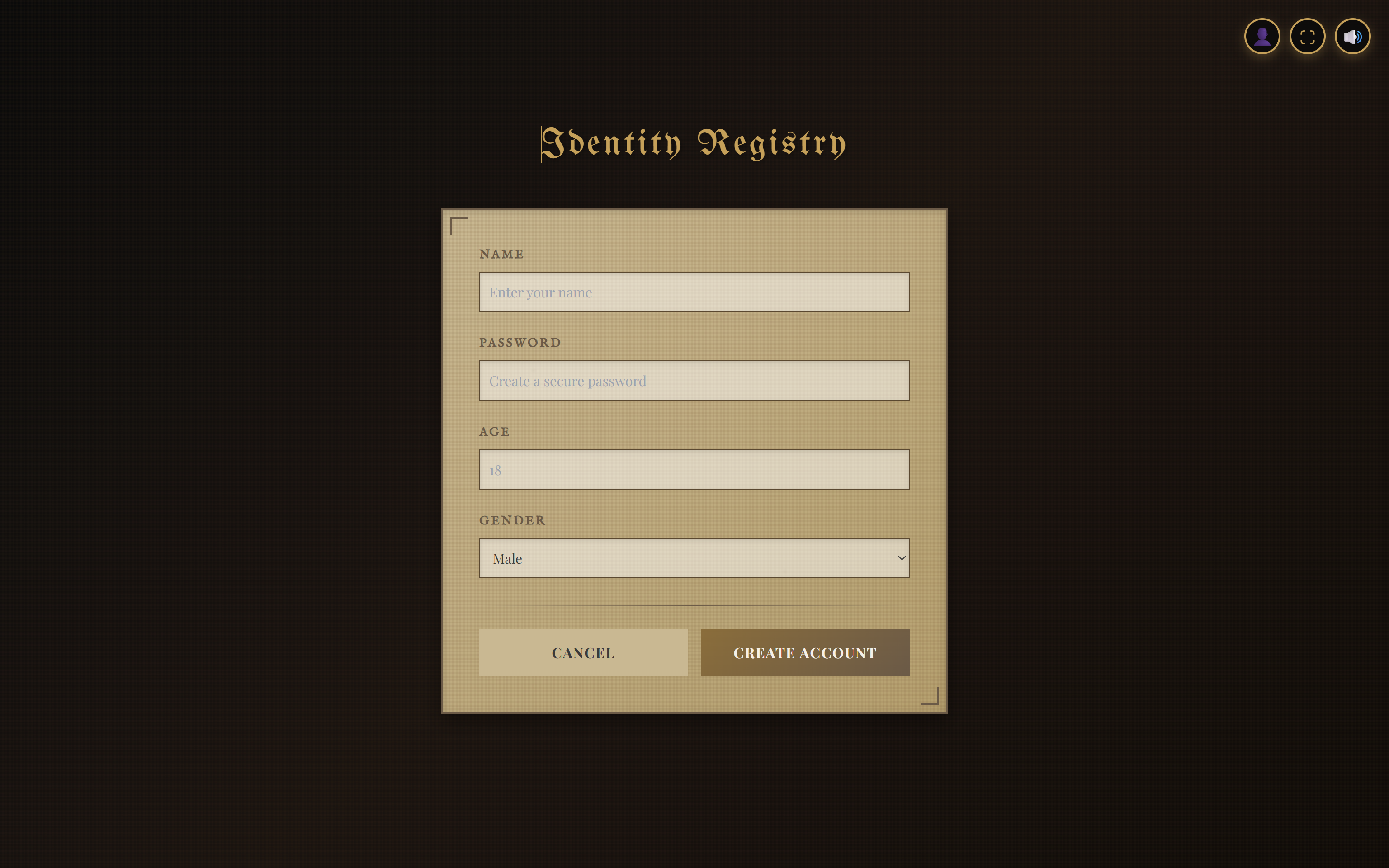 Identity Registry form for creating a new account