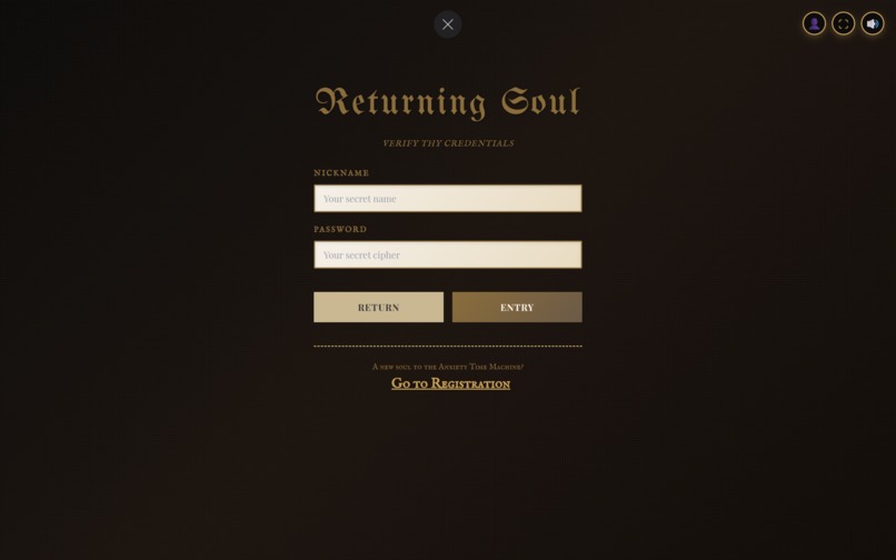 Returning Soul login screen with nickname and password fields