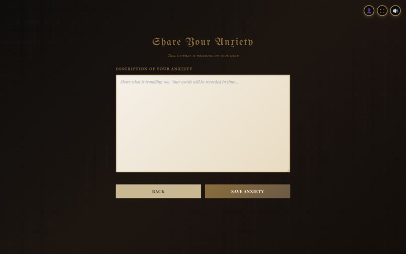Share Your Anxiety writing screen with a large text field