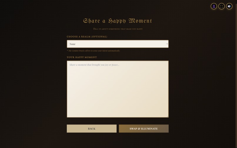 Share a Happy Moment screen with a realm selector and text field