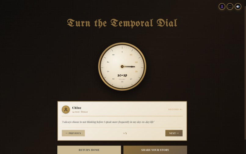 Turn the Temporal Dial screen showing a reflection from someone aged 20 to 29